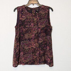 DUE PER DUE Burgundy Paisley Sleeveless Chiffon Tunic Top; Pleats; Size M